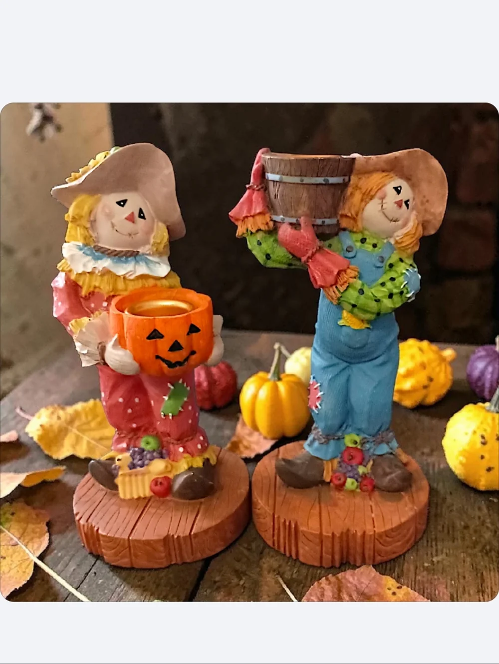 2 Vtg Scarecrow Candle Holders Resin Fall Thanksgiving Decor‎ Halloween Autumn